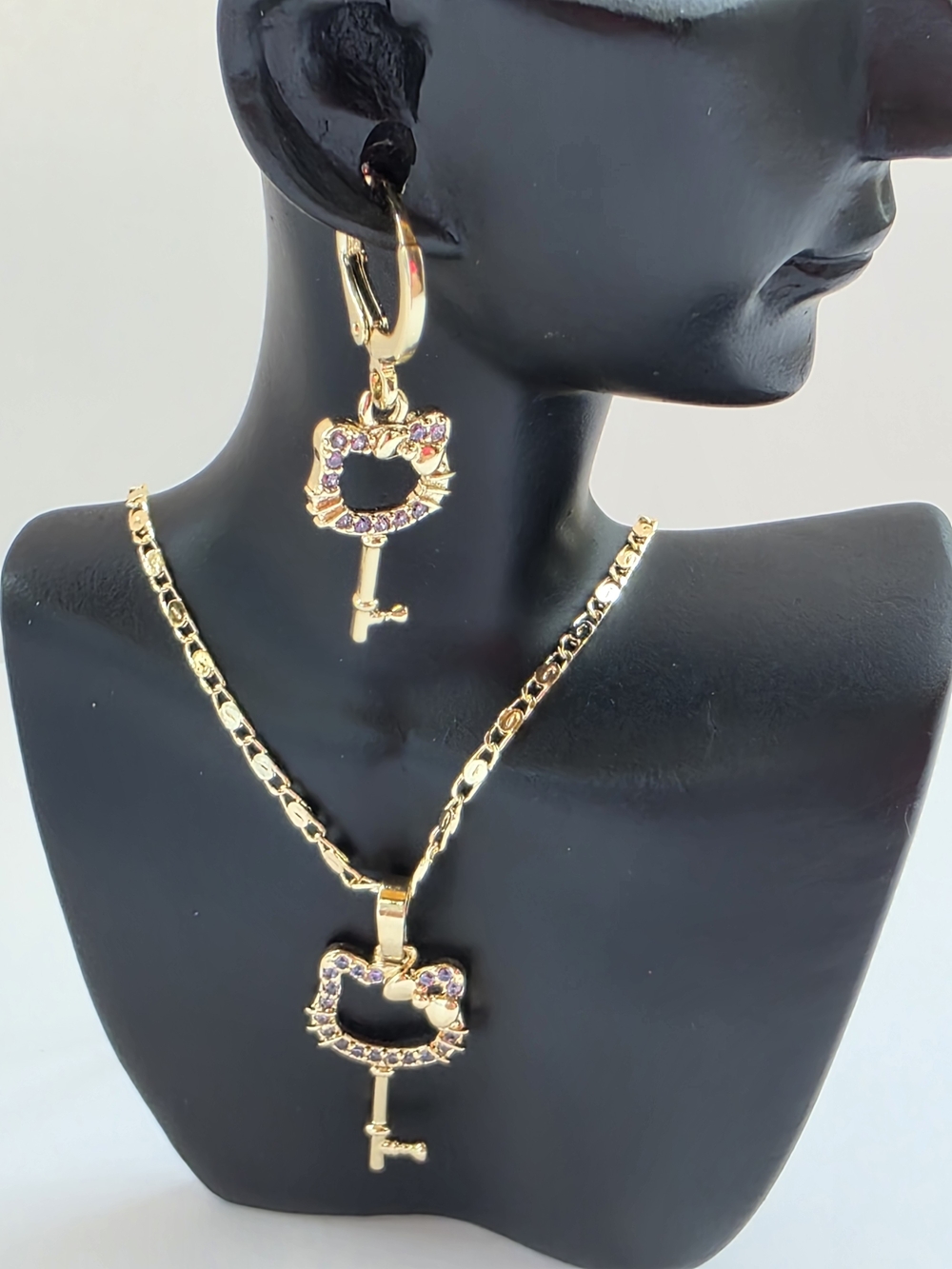 3-Piece 18K Gold Plated Hello Kitty Key Necklace & Earrings Jewelry Set (NWT)